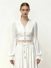 Chiffon Lantern-Sleeve Tie-Front Cropped Blouse - White