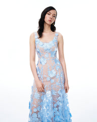 Clementine 3D Floral Embroidered Dress - Blue