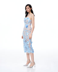 Evander 3D Floral Embroidered Maxi Dress - Blue