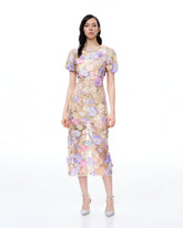 Alaric Round Neck 3D Floral Embroidered Maxi Dress - Pastel Multi