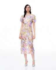 Alaric Round Neck 3D Floral Embroidered Maxi Dress - Pastel Multi
