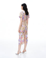 Alaric Round Neck 3D Floral Embroidered Maxi Dress - Pastel Multi