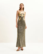 Araminta Sequined Gown with Floral Details - Gold