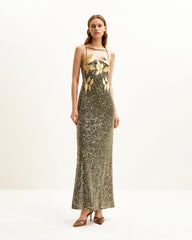 Araminta Sequined Gown with Floral Details - Gold