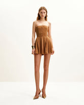 Ellie Pleated Velvet Dress - Caramel