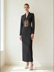 Sheer Boned Corset Waist Blazer Maxi Dress - Black