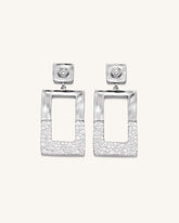 Geometrical Openwork Rectangle Earrings - 18ct White Gold Plated & White Zircon