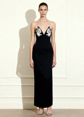 Ayliua Sweetheart-Neckline Rhinestones Embellished Black Long Dress - Black