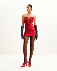 Bailee Red Floral Applique And Ruched Tube Mini Dress - Red