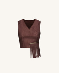 Faux Suede V-Neck Fringe Top - Chocolate Brown