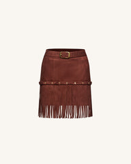 Western-Style Sueded Fringe Skirt - Burgundy