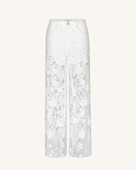 Embroidery High Rise Wide Leg Lace Denim Jeans With Rhinestone - White