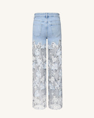 Embroidery High Rise Wide Leg Lace Denim Jeans With Rhinestone - Light Blue