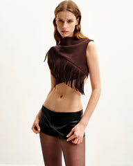 Ariana Asymmetric Fringe Sueded Top - Burgundy