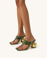 Naomi Snakeskin Heeled Flip Flops - Green