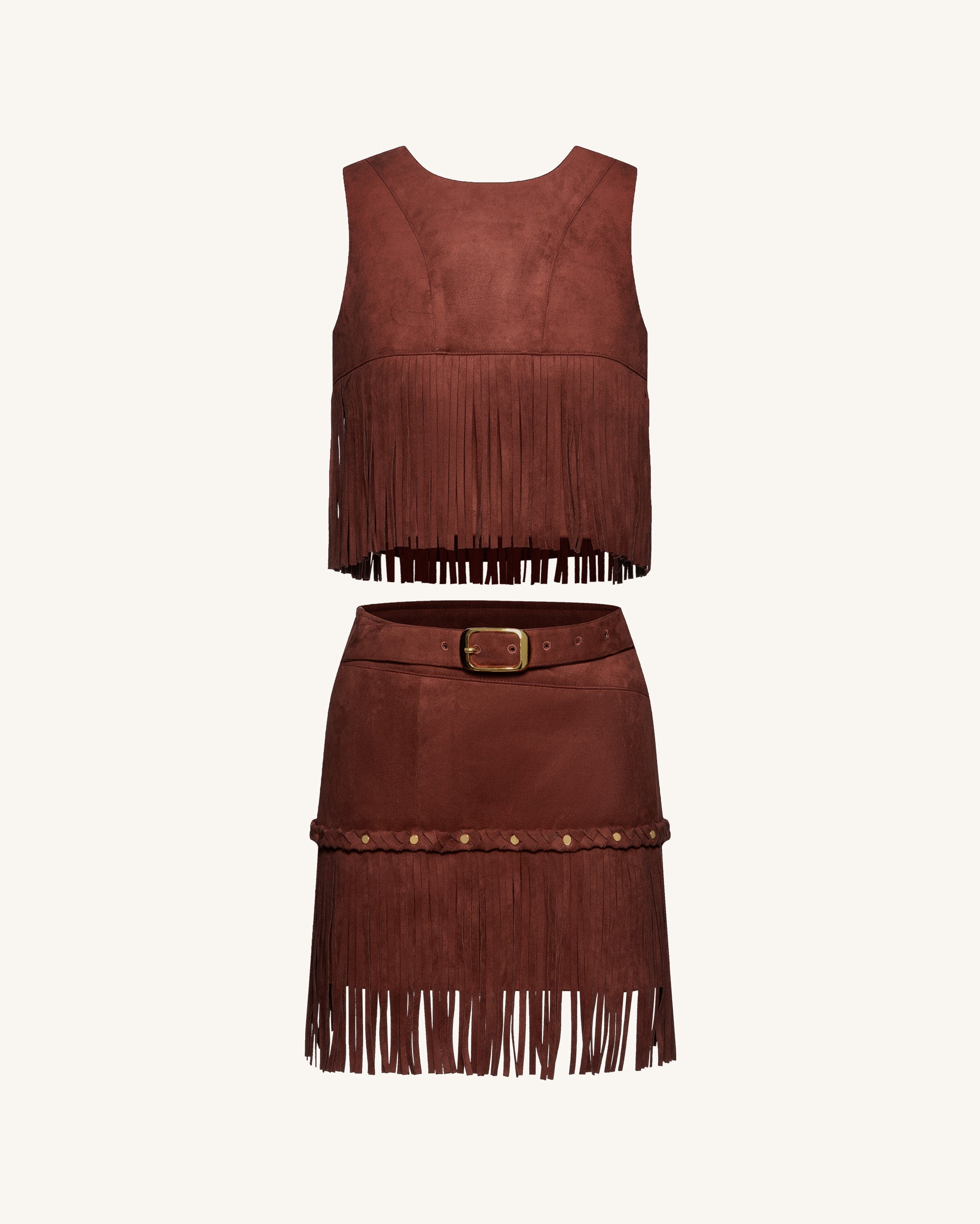 Western-Style Sueded Fringe Skirt - Burgundy