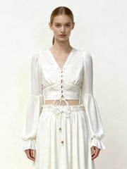 Chiffon Lantern-Sleeve Tie-Front Cropped Blouse - White