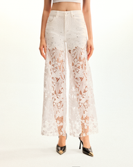 Embroidery High Rise Wide Leg Lace Denim Jeans With Rhinestone - White