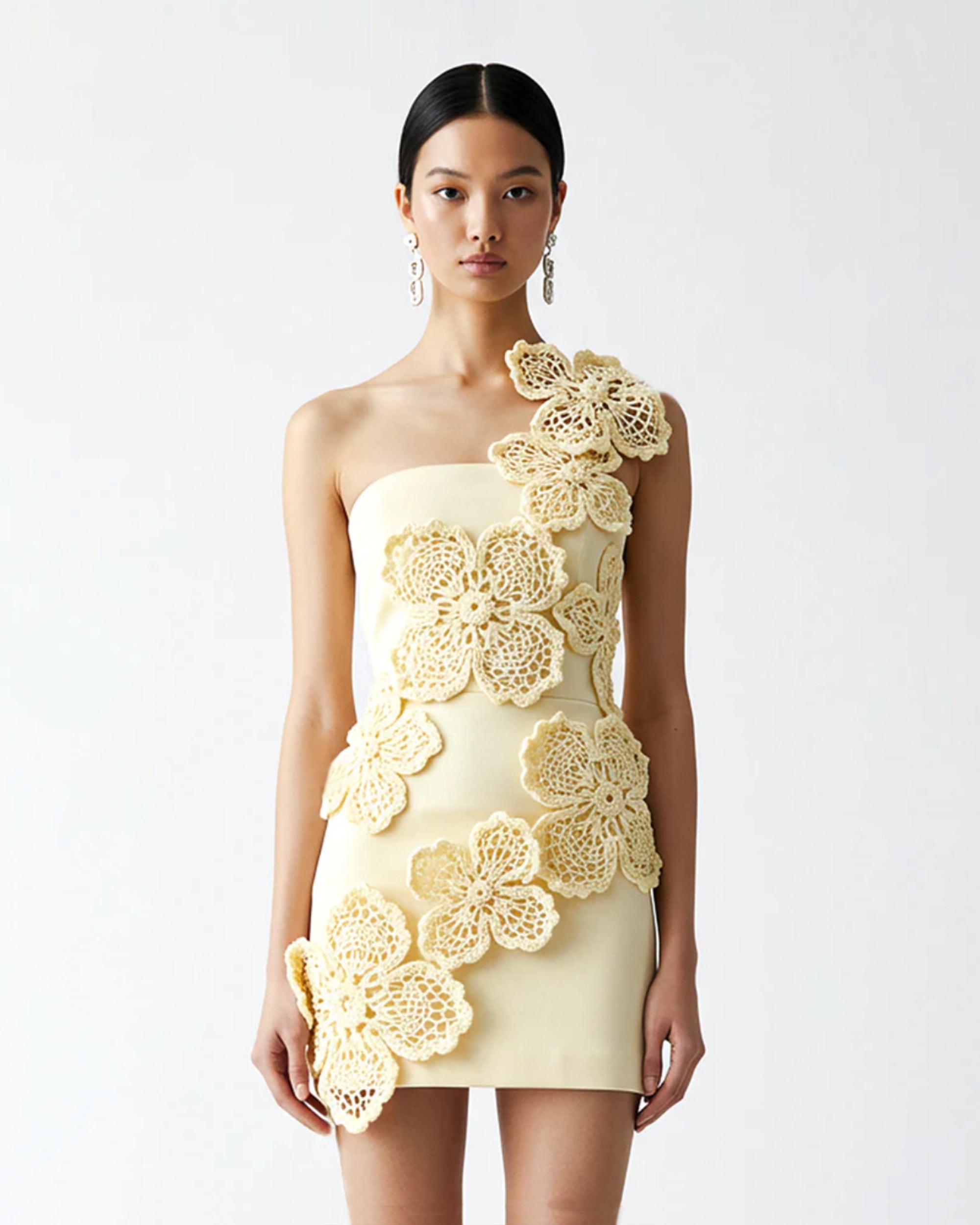 Crochet Floral Appliqué Mini Dress - Yellow
