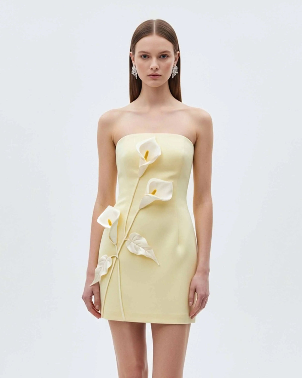 Strapless Floral Appliqué Dress - Yellow