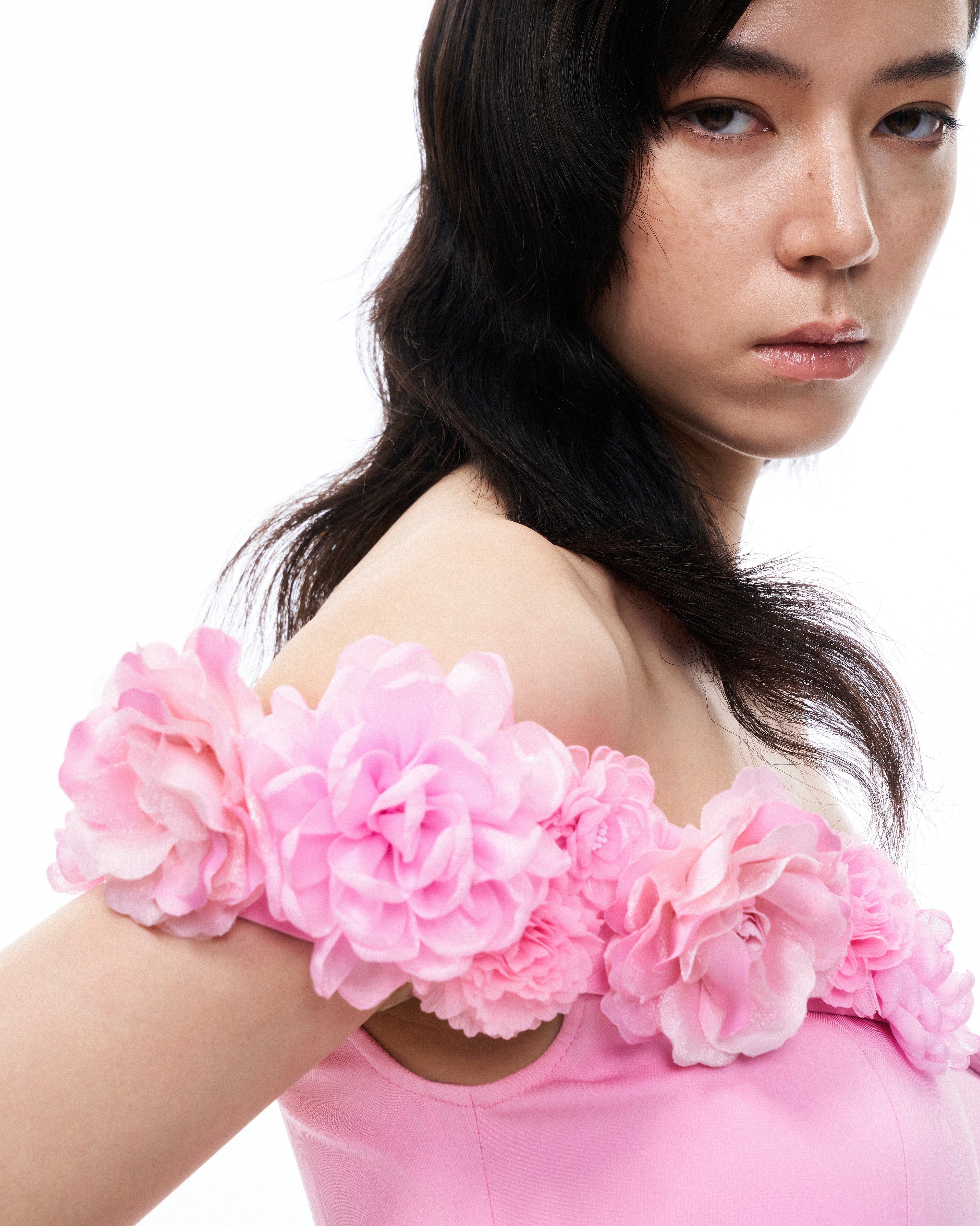 Aurelius Wrap-Around Shoulder 3D Floral Mini Dress - Pink