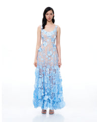 Clementine 3D Floral Embroidered Dress - Blue