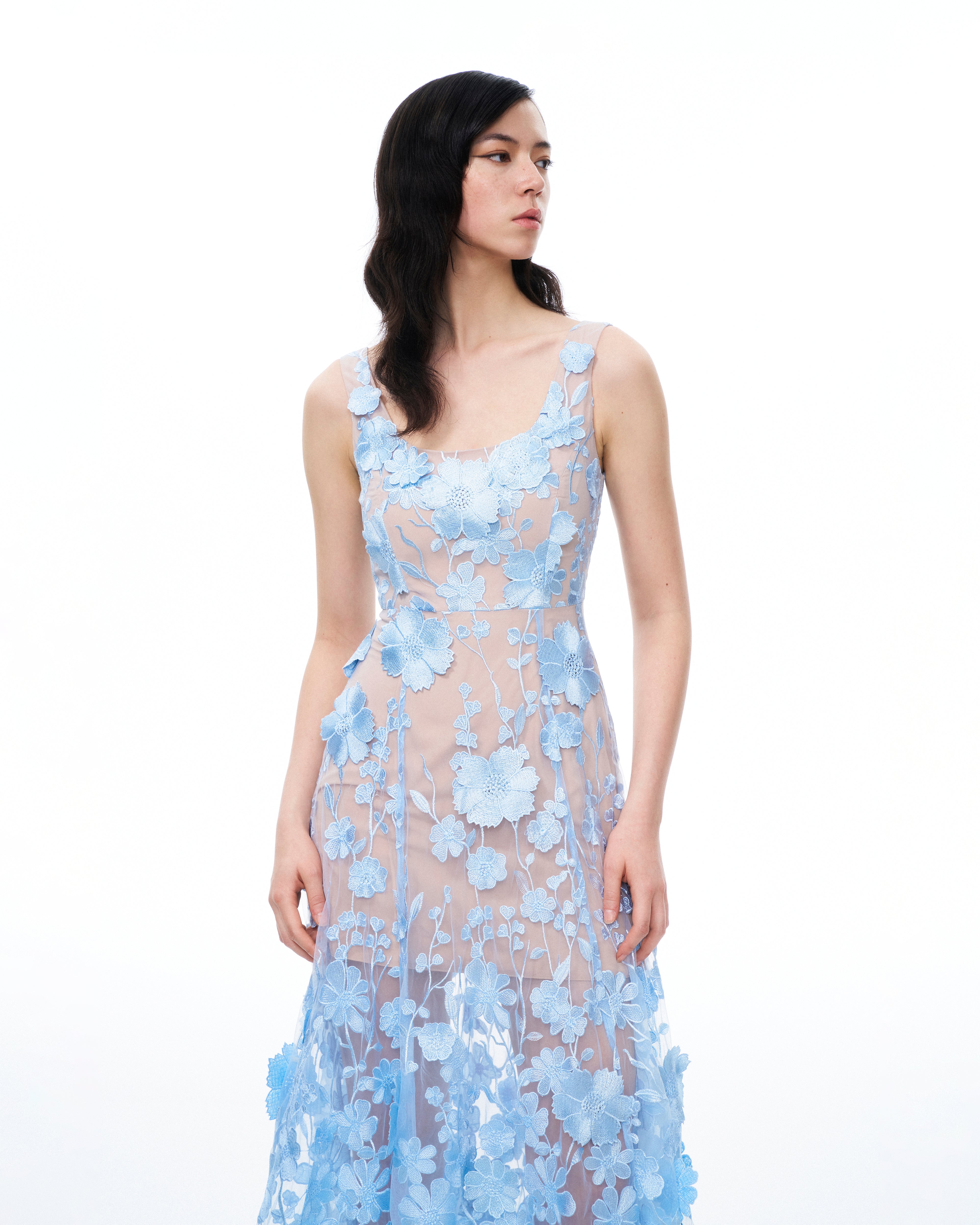 Clementine 3D Floral Embroidered Dress - Blue
