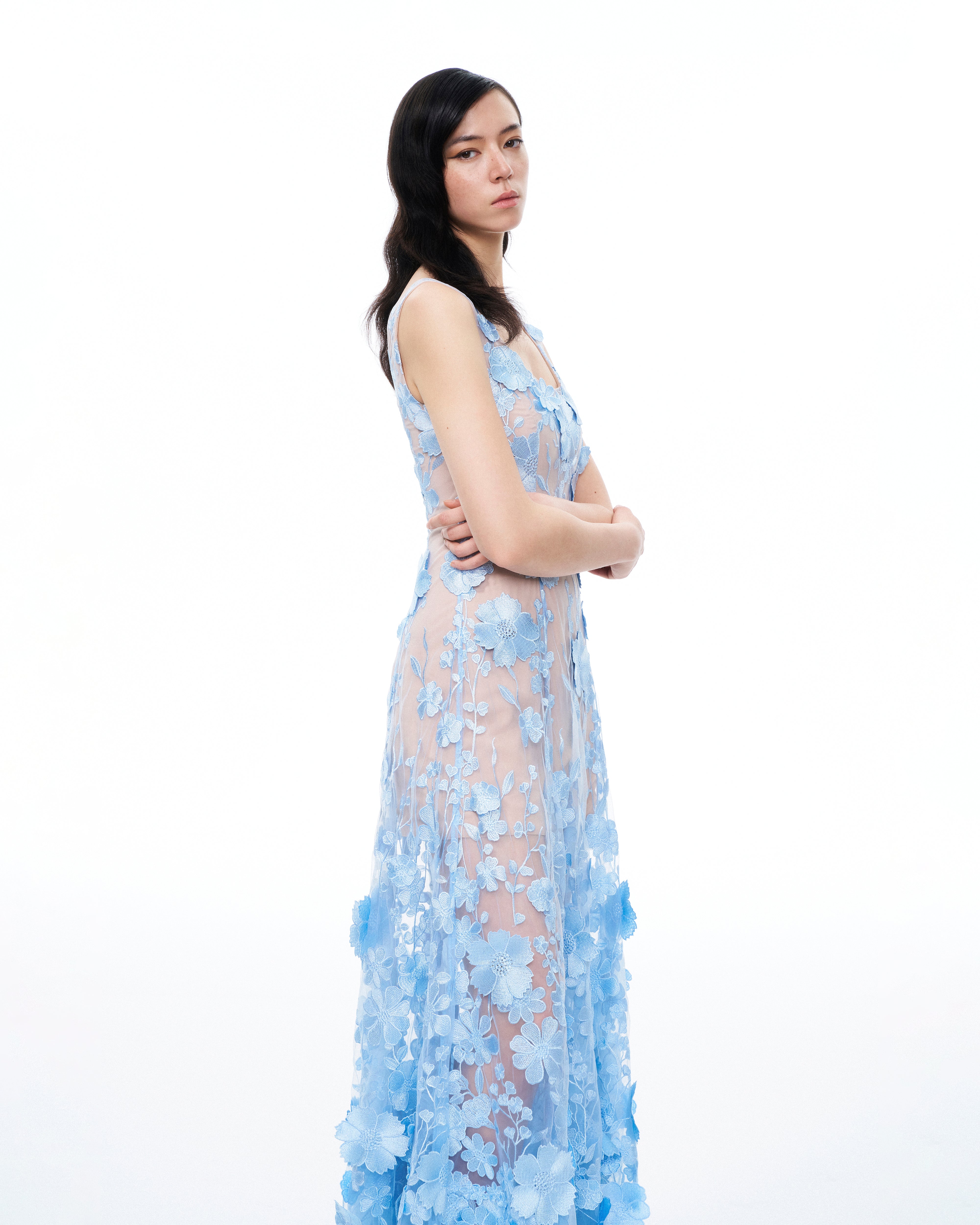 Clementine 3D Floral Embroidered Dress - Blue