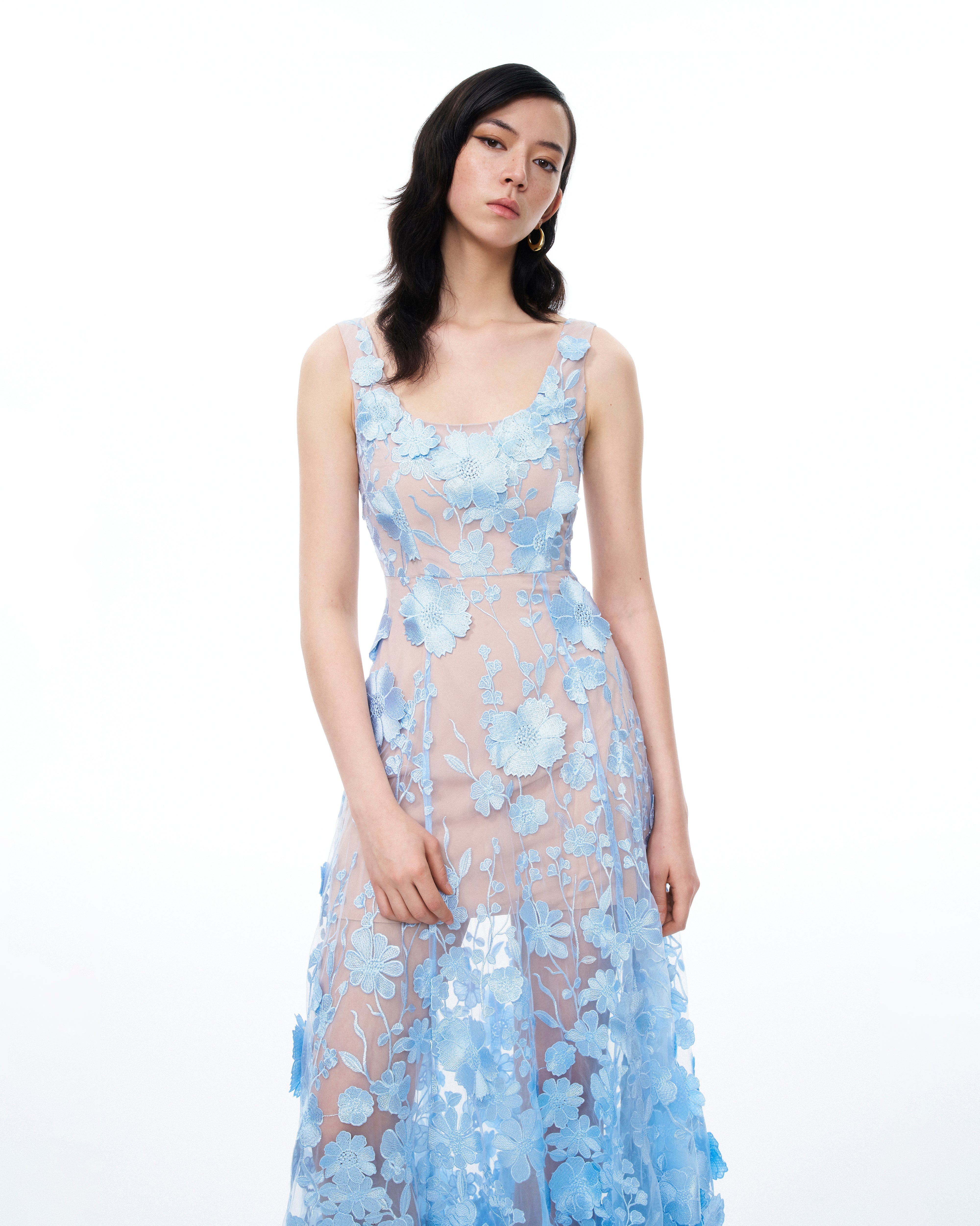 Clementine 3D Floral Embroidered Dress - Blue
