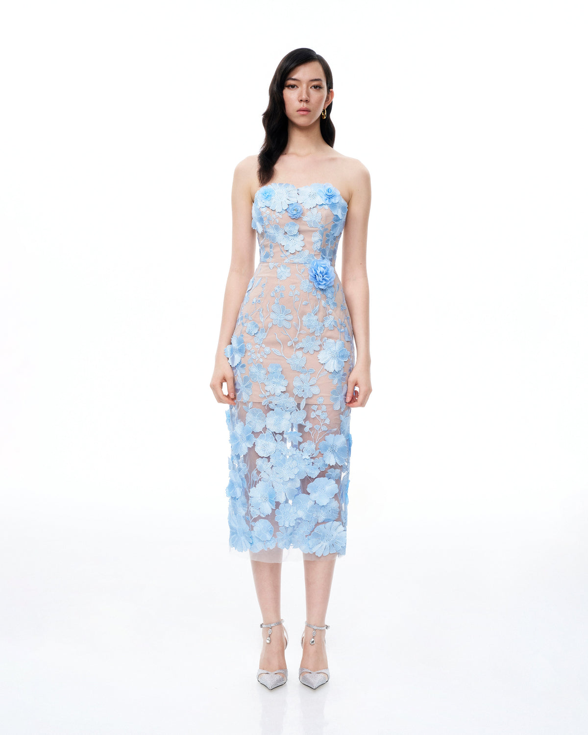 Evander 3D Floral Embroidered Maxi Dress - Blue