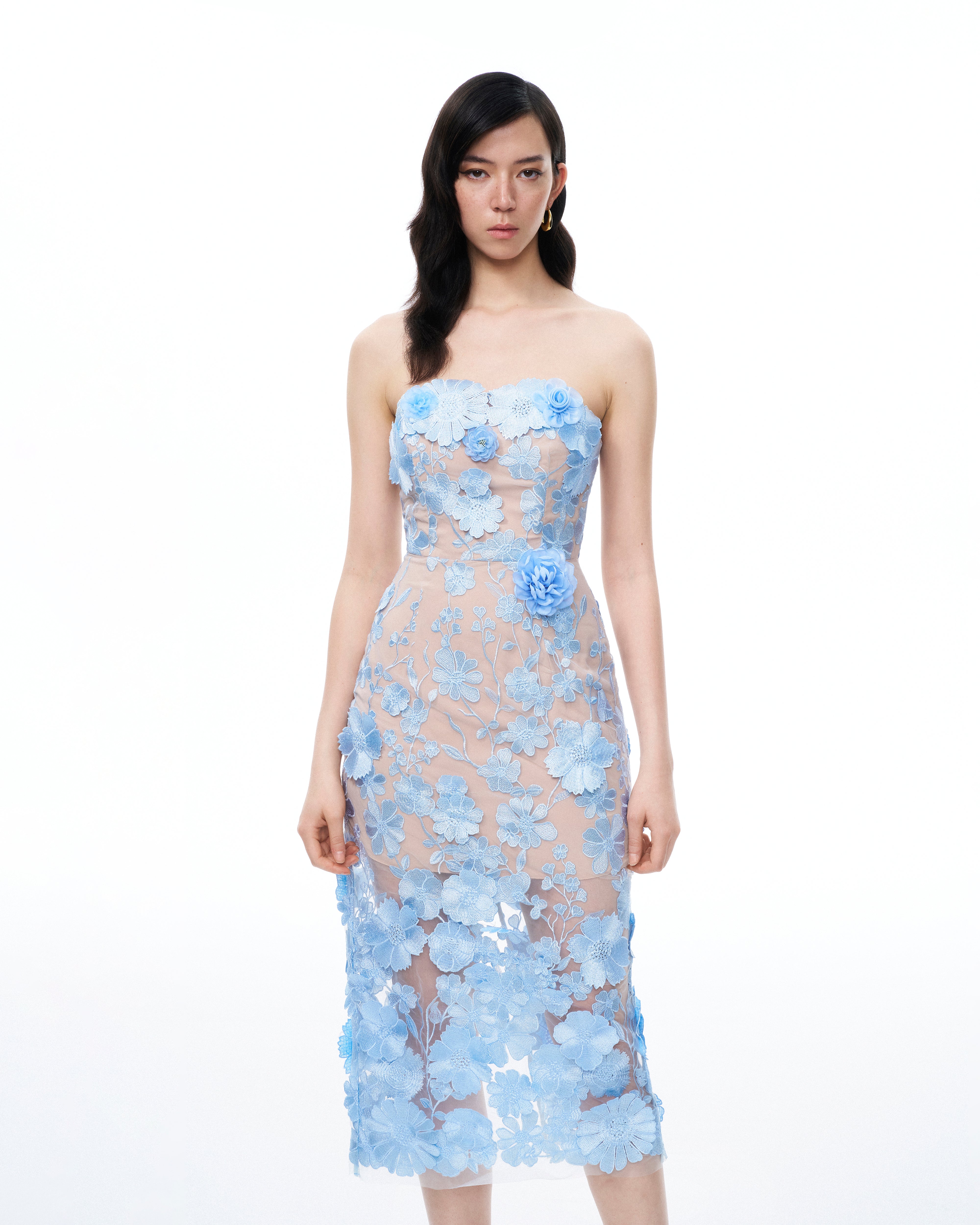 Evander 3D Floral Embroidered Maxi Dress - Blue