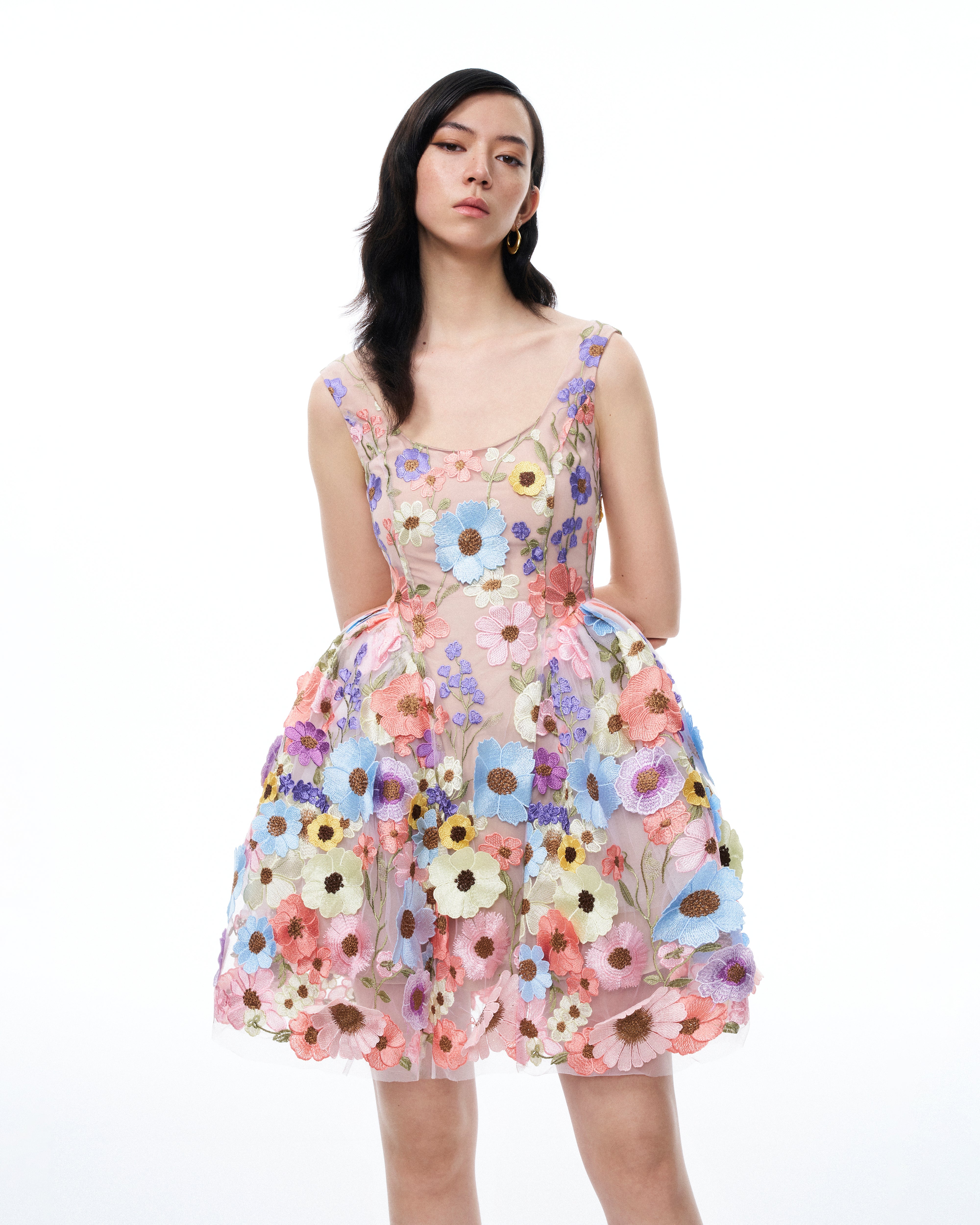 Aurora 3D Floral Embroidered Mini Dress - Pastel Multi