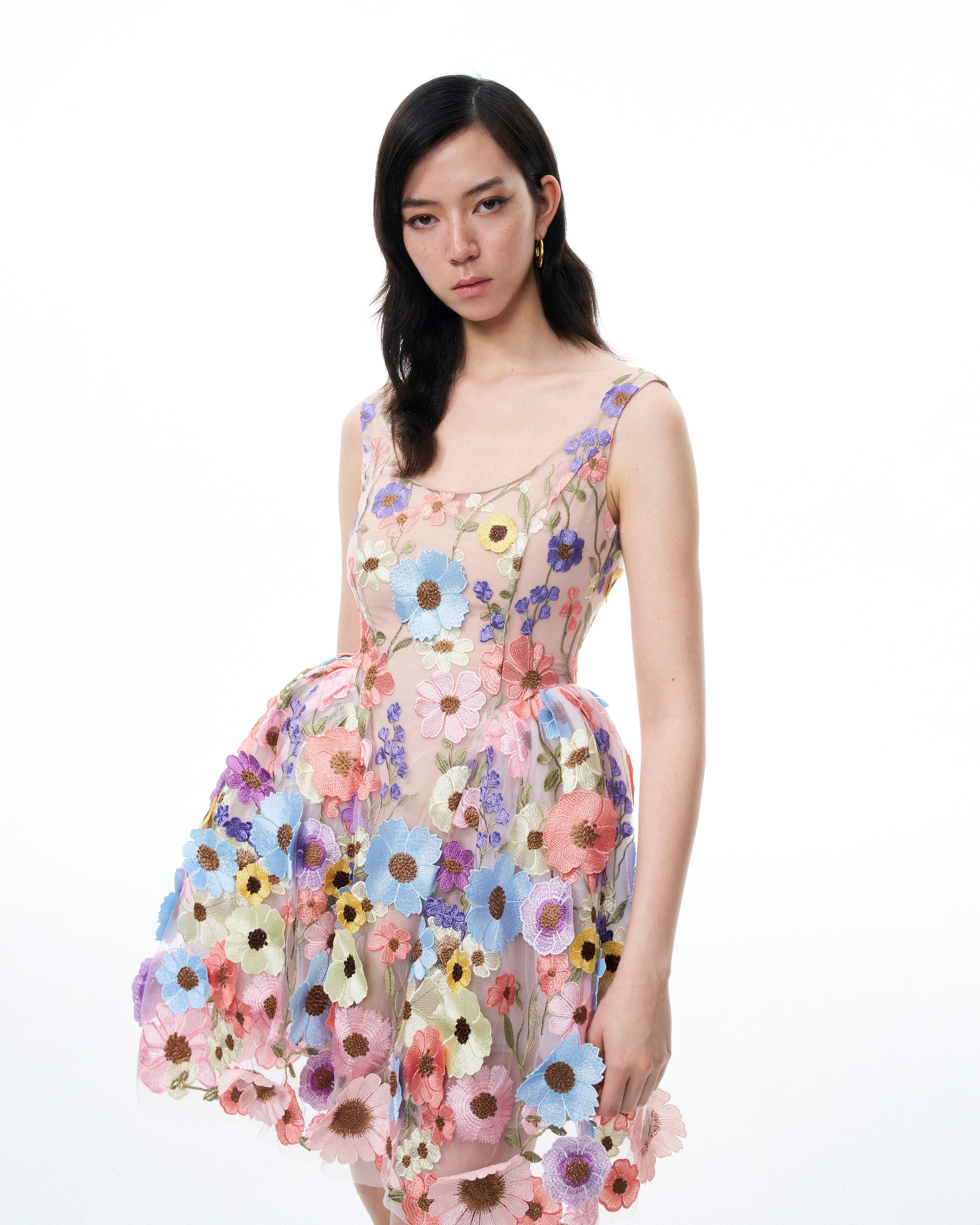 Aurora 3D Floral Embroidered Mini Dress - Pastel Multi