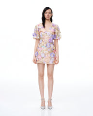 Evangeline 3D V-Neck Floral Embroidered Dress - Pastel Multi