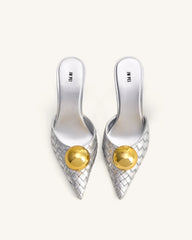Sofia Woven Sphere Heel Mules - Silver & Gold