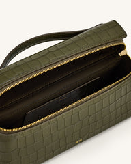 Thea Croc-Embossed Top Handle Bag - Olive Green
