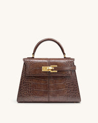 Elise Large Croc-Embossed Top Handle Bag - Chestnut Brown