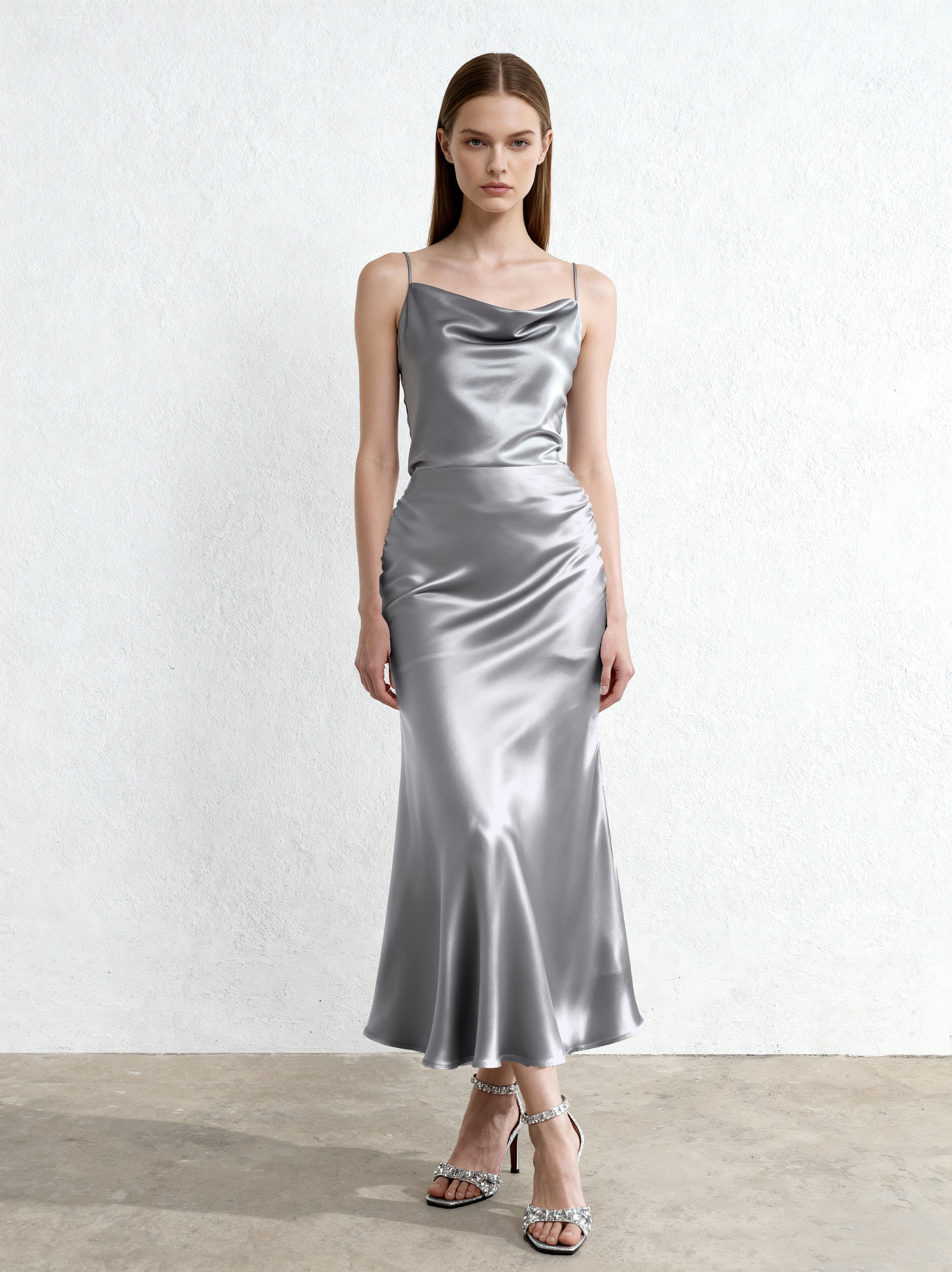 Liquid Satin Mermaid Maxi Skirt - Silver