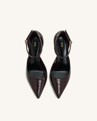 Leah Croc-Embossed Ankle Strap Heels - Burgundy