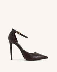 Leah Croc-Embossed Ankle Strap Heels - Burgundy