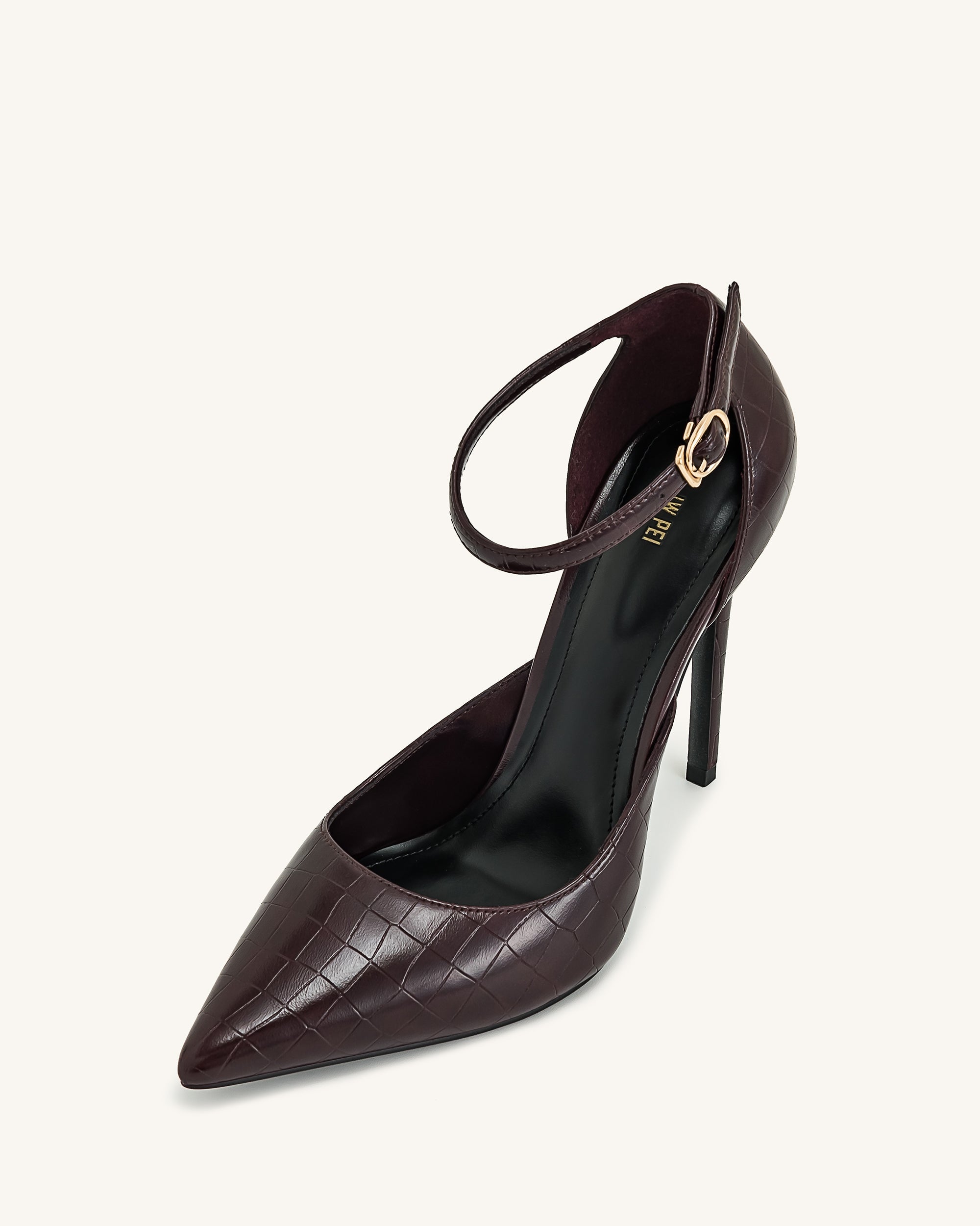 Leah Croc-Embossed Ankle Strap Heels - Burgundy