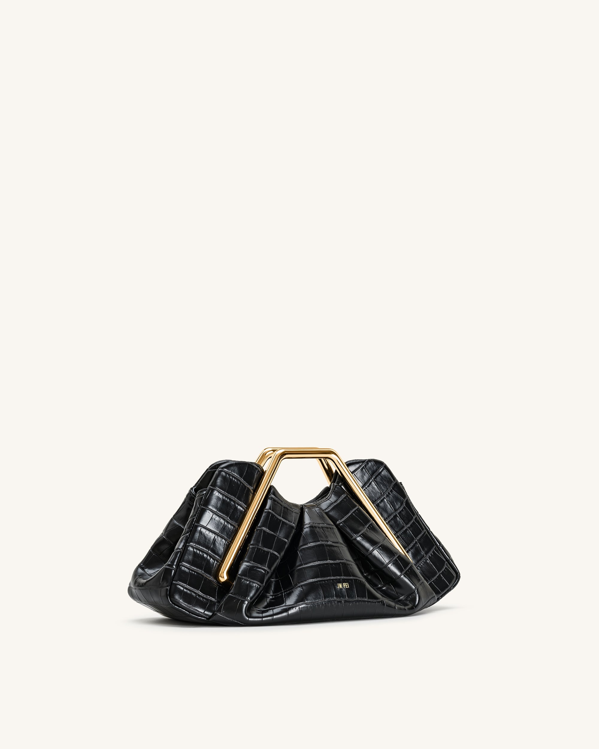 Lila Faux Croc-Effect Metal Frame Clutch - Black