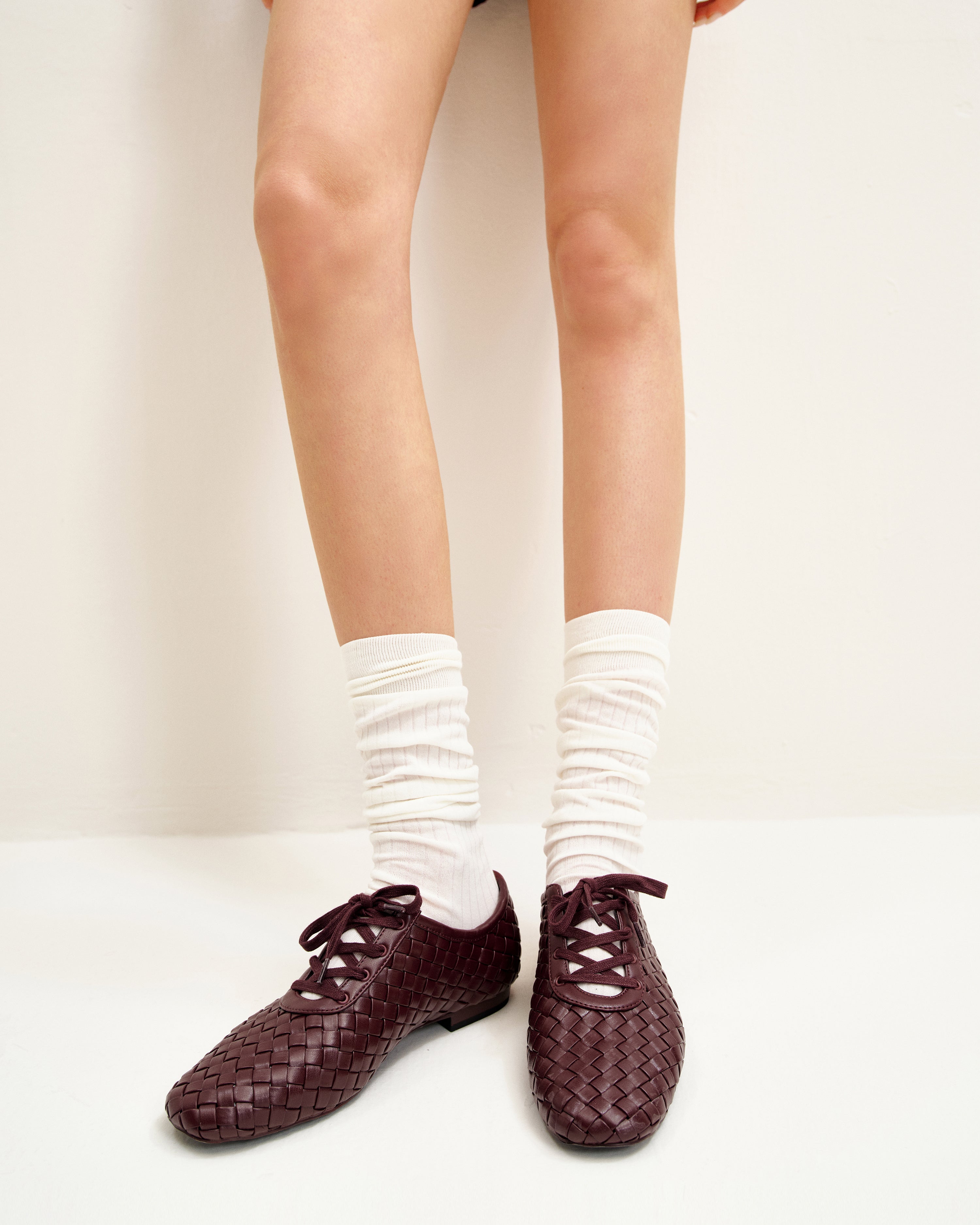 Kayla Weave Strap Flat Shoes - Claret Red