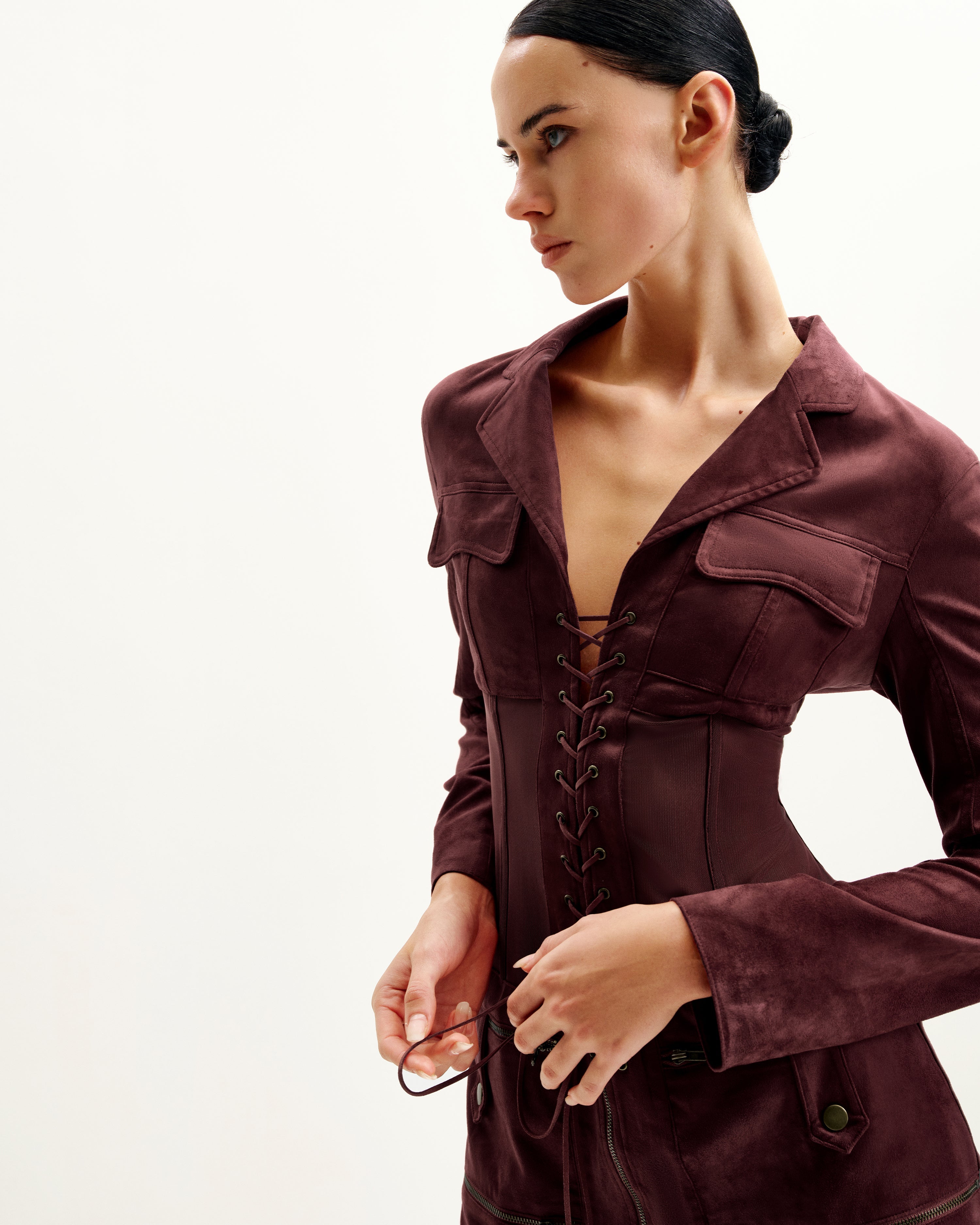 Faux Suede Corset Jacket Mini Dress - Claret