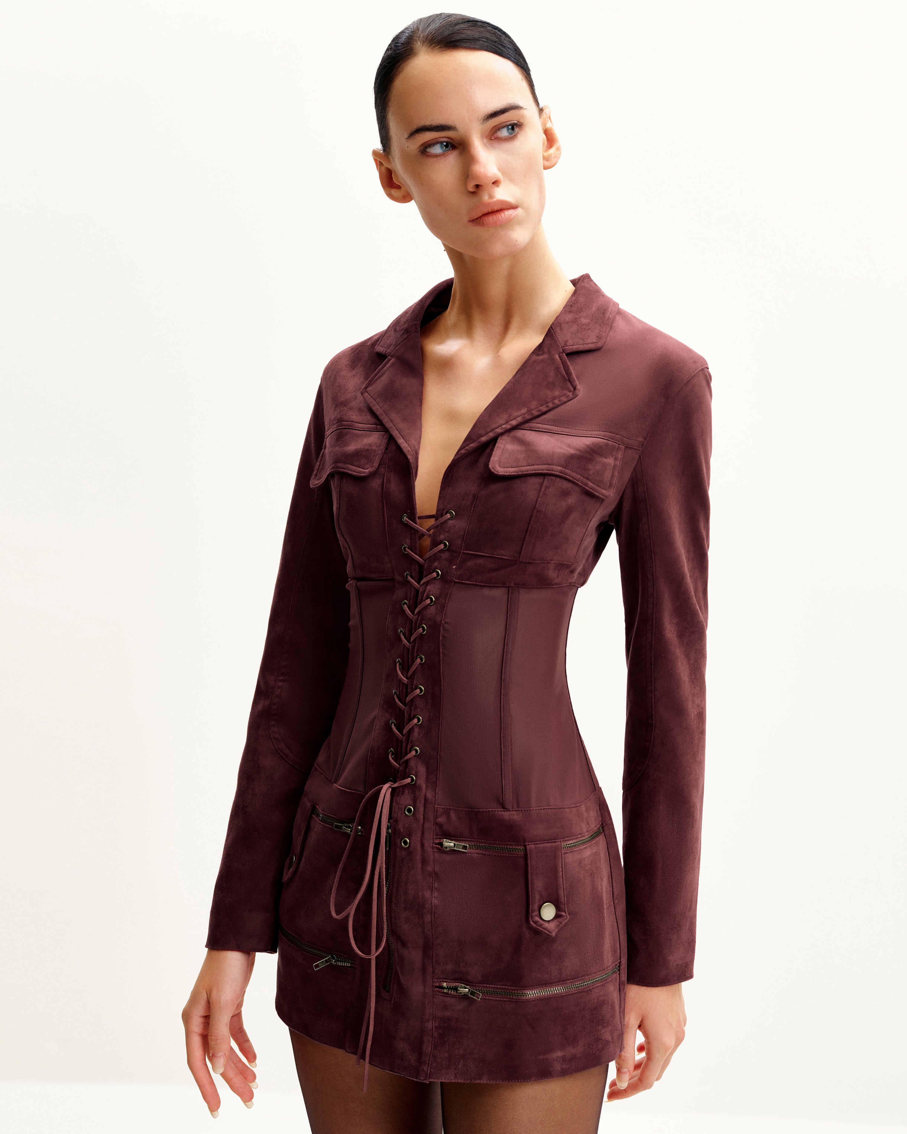 Faux Suede Corset Jacket Mini Dress - Claret