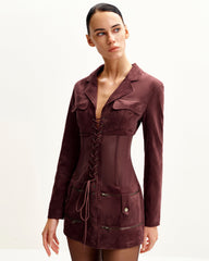 Faux Suede Corset Jacket Mini Dress - Claret
