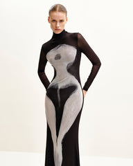 Eva Body Print Mesh Dress - Black and White