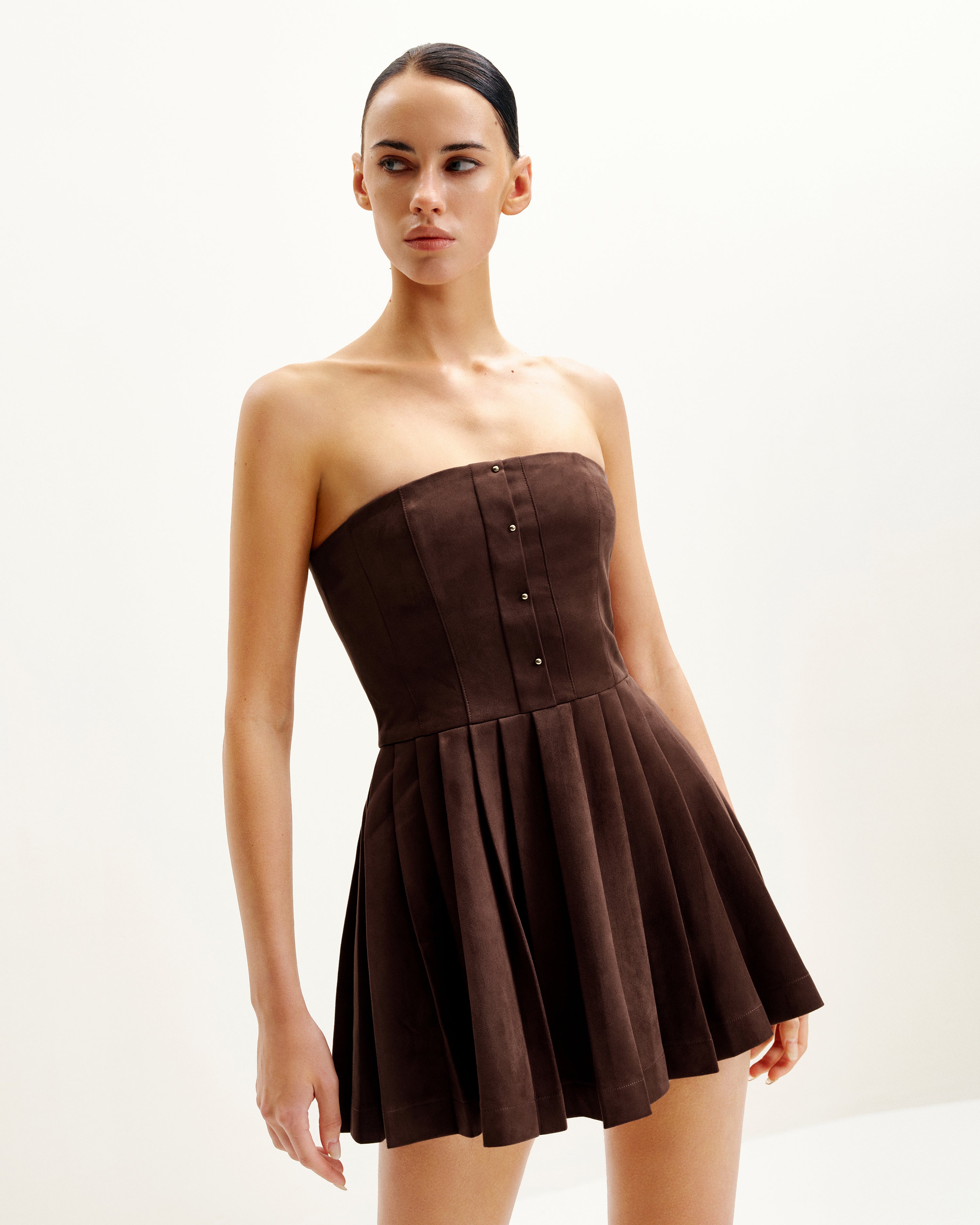 Ellie Pleated Velvet Dress - Chocolate Brown
