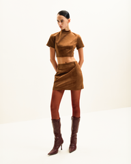 Grace Faux Suede Crop Top and Mini Skirt Set - Camel