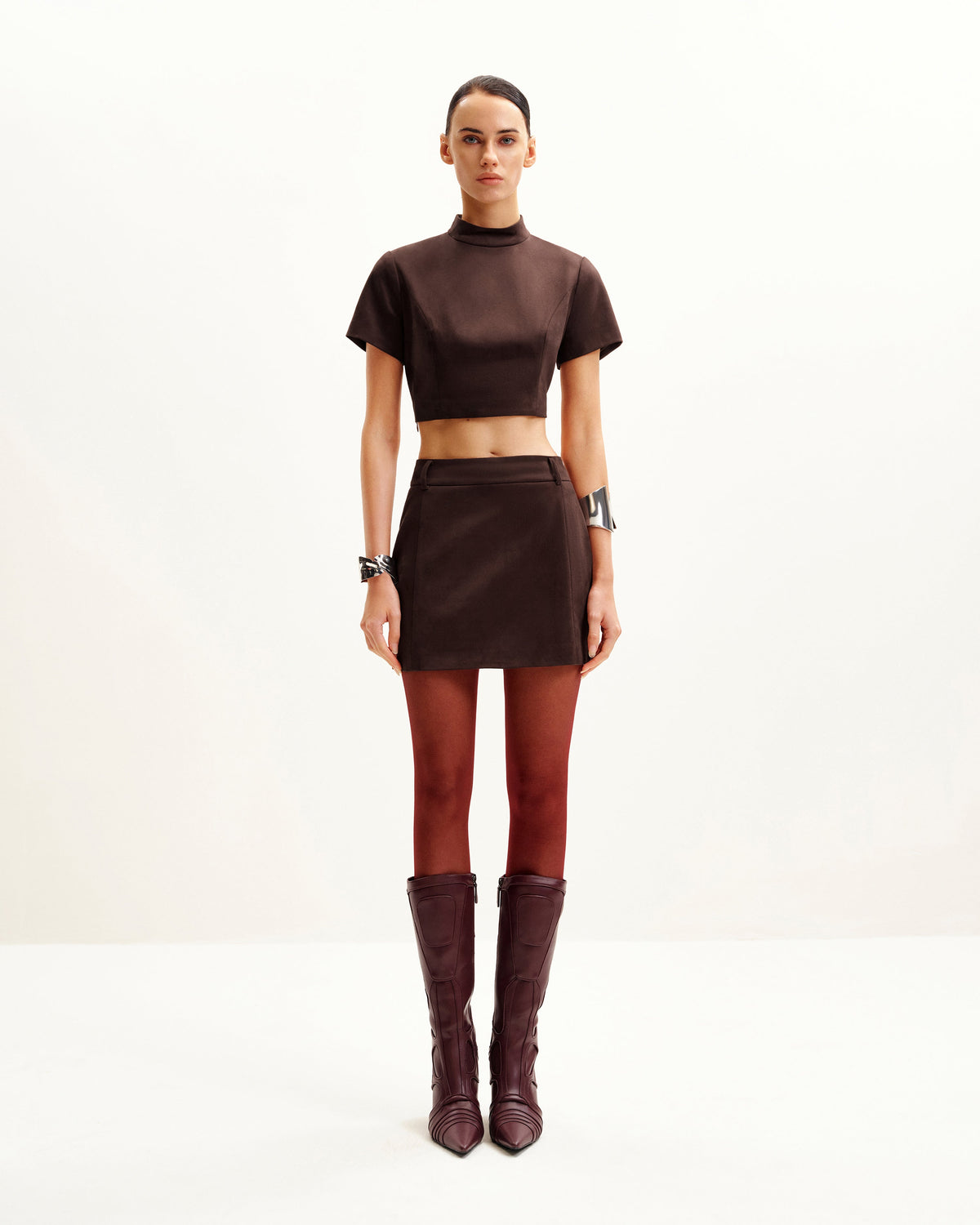 Grace Faux Suede Crop Top and Mini Skirt Set - Chocolate Brown